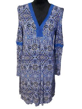 Boho Blue & White Printed Bell Sleeve Dress By Cupio V-Neck Crochet Trim Size M